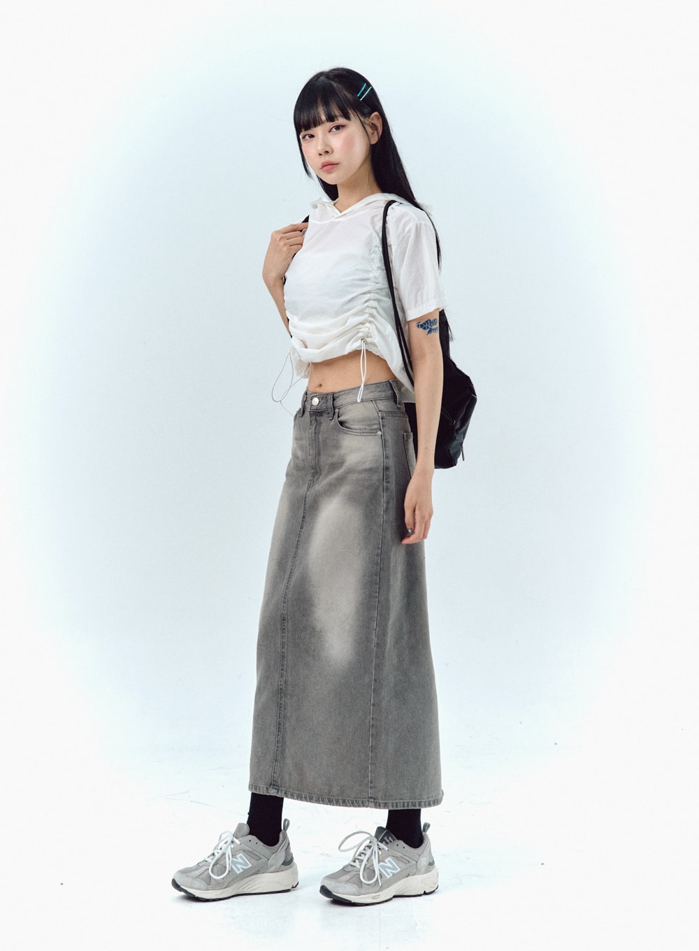 Grey Denim Maxi Skirt IU329